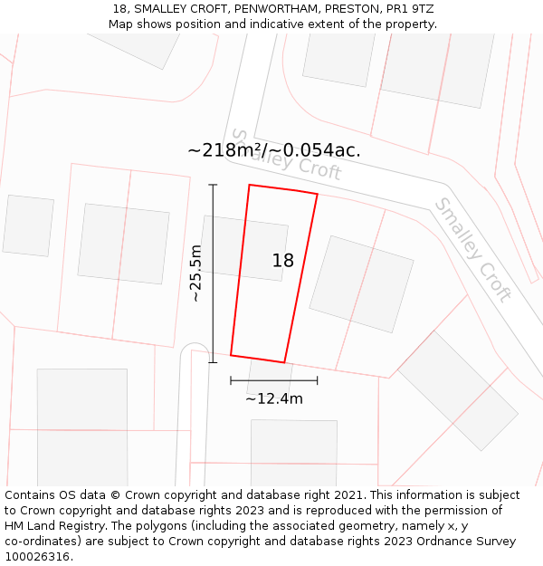 18, SMALLEY CROFT, PENWORTHAM, PRESTON, PR1 9TZ: Plot and title map