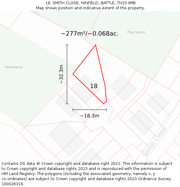 18, SMITH CLOSE, NINFIELD, BATTLE, TN33 9RB: Plot and title map