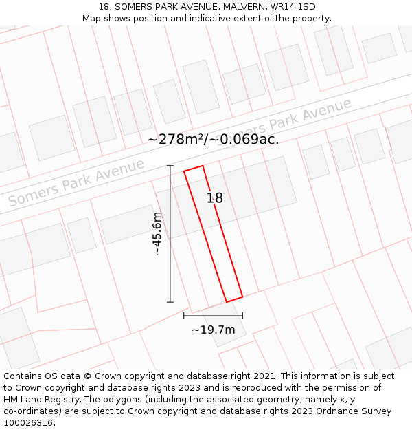 18, SOMERS PARK AVENUE, MALVERN, WR14 1SD: Plot and title map