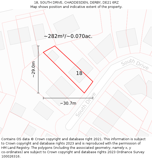 18, SOUTH DRIVE, CHADDESDEN, DERBY, DE21 6RZ: Plot and title map