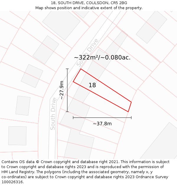 18, SOUTH DRIVE, COULSDON, CR5 2BG: Plot and title map
