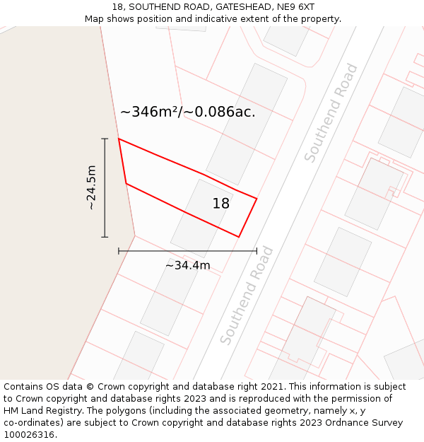 18, SOUTHEND ROAD, GATESHEAD, NE9 6XT: Plot and title map