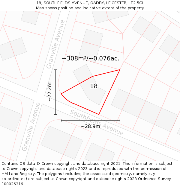 18, SOUTHFIELDS AVENUE, OADBY, LEICESTER, LE2 5GL: Plot and title map