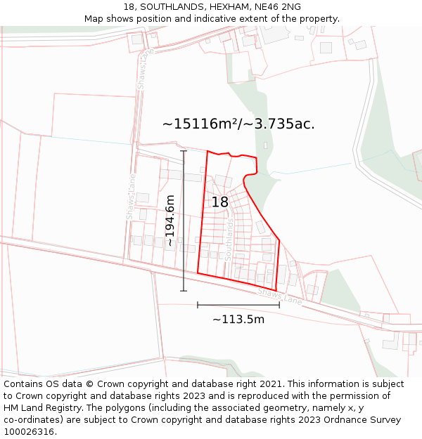 18, SOUTHLANDS, HEXHAM, NE46 2NG: Plot and title map