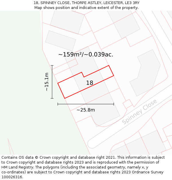18, SPINNEY CLOSE, THORPE ASTLEY, LEICESTER, LE3 3RY: Plot and title map