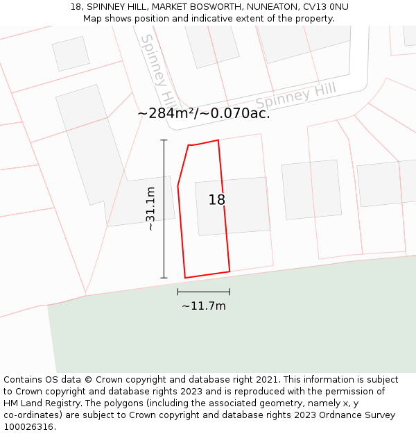 18, SPINNEY HILL, MARKET BOSWORTH, NUNEATON, CV13 0NU: Plot and title map
