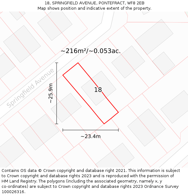 18, SPRINGFIELD AVENUE, PONTEFRACT, WF8 2EB: Plot and title map