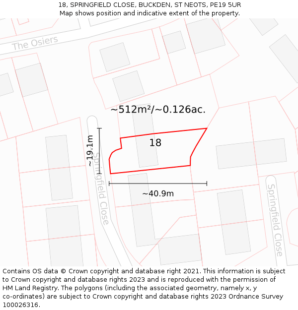 18, SPRINGFIELD CLOSE, BUCKDEN, ST NEOTS, PE19 5UR: Plot and title map