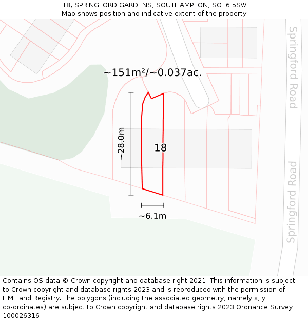 18, SPRINGFORD GARDENS, SOUTHAMPTON, SO16 5SW: Plot and title map