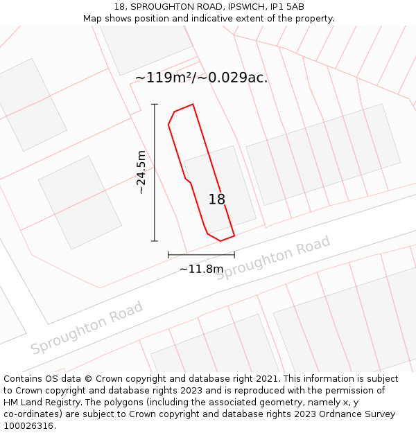 18, SPROUGHTON ROAD, IPSWICH, IP1 5AB: Plot and title map