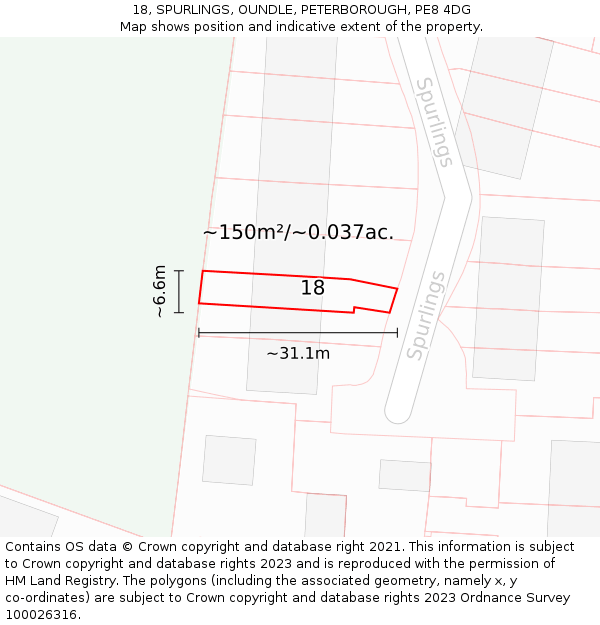 18, SPURLINGS, OUNDLE, PETERBOROUGH, PE8 4DG: Plot and title map