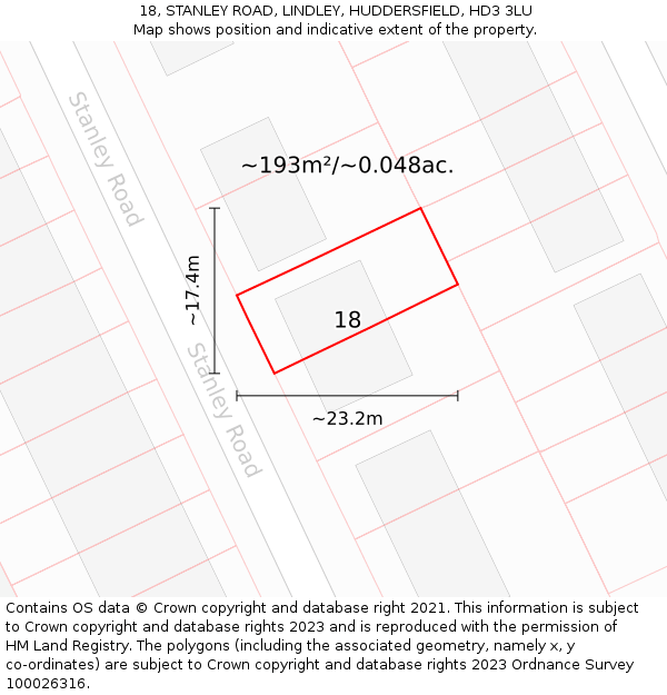 18, STANLEY ROAD, LINDLEY, HUDDERSFIELD, HD3 3LU: Plot and title map