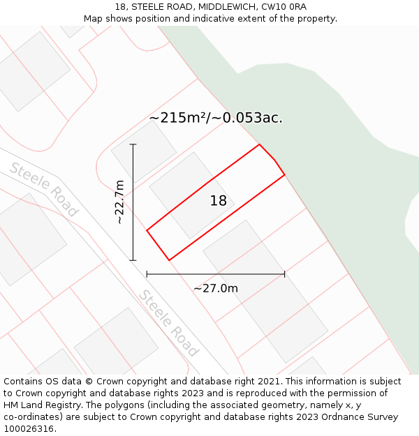 18, STEELE ROAD, MIDDLEWICH, CW10 0RA: Plot and title map