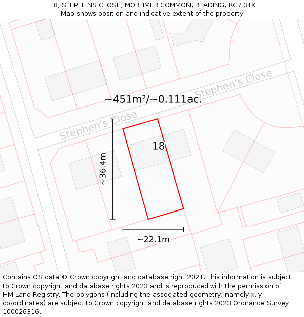18, STEPHENS CLOSE, MORTIMER COMMON, READING, RG7 3TX: Plot and title map