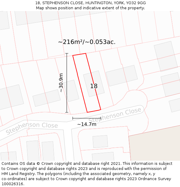 18, STEPHENSON CLOSE, HUNTINGTON, YORK, YO32 9GG: Plot and title map