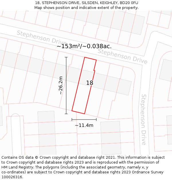 18, STEPHENSON DRIVE, SILSDEN, KEIGHLEY, BD20 0FU: Plot and title map