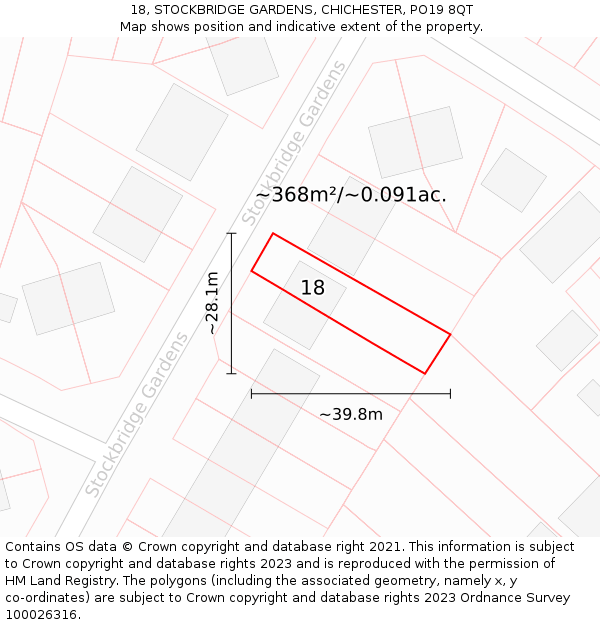 18, STOCKBRIDGE GARDENS, CHICHESTER, PO19 8QT: Plot and title map