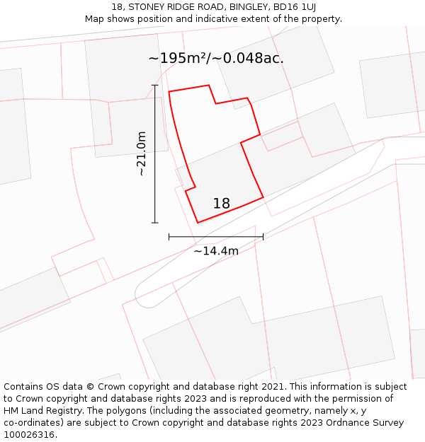 18, STONEY RIDGE ROAD, BINGLEY, BD16 1UJ: Plot and title map