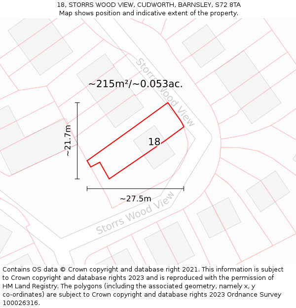 18, STORRS WOOD VIEW, CUDWORTH, BARNSLEY, S72 8TA: Plot and title map