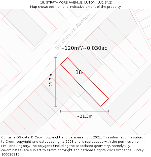 18, STRATHMORE AVENUE, LUTON, LU1 3NZ: Plot and title map