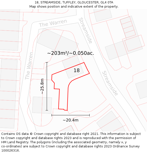 18, STREAMSIDE, TUFFLEY, GLOUCESTER, GL4 0TA: Plot and title map