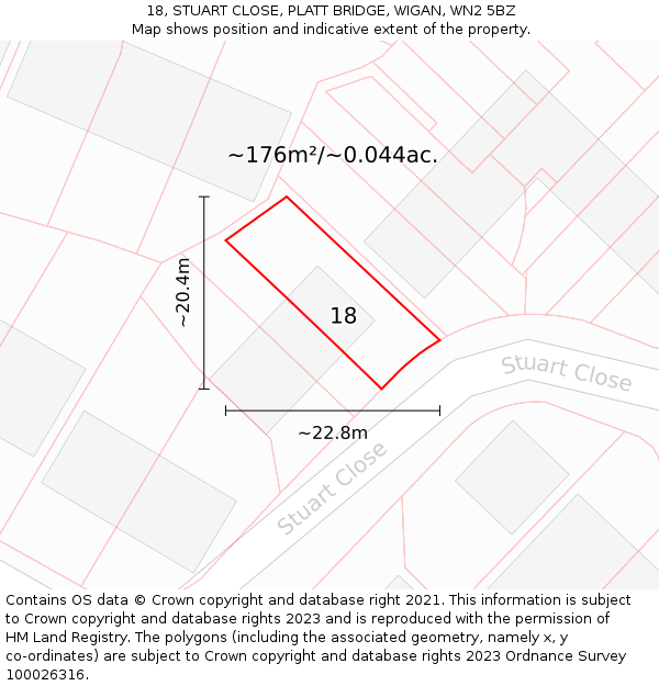 18, STUART CLOSE, PLATT BRIDGE, WIGAN, WN2 5BZ: Plot and title map
