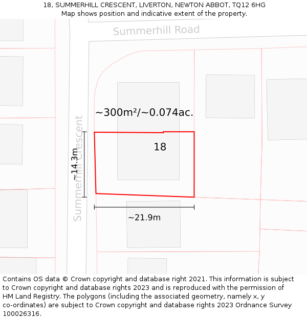 18, SUMMERHILL CRESCENT, LIVERTON, NEWTON ABBOT, TQ12 6HG: Plot and title map