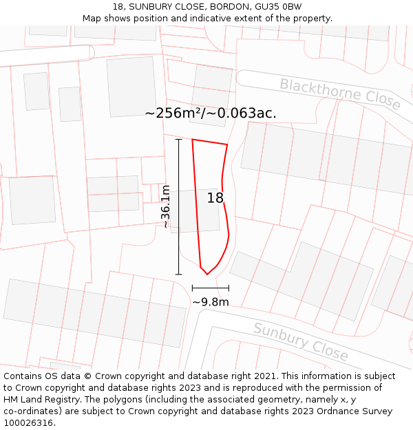 18, SUNBURY CLOSE, BORDON, GU35 0BW: Plot and title map