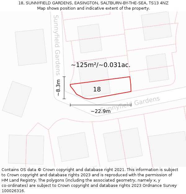 18, SUNNYFIELD GARDENS, EASINGTON, SALTBURN-BY-THE-SEA, TS13 4NZ: Plot and title map