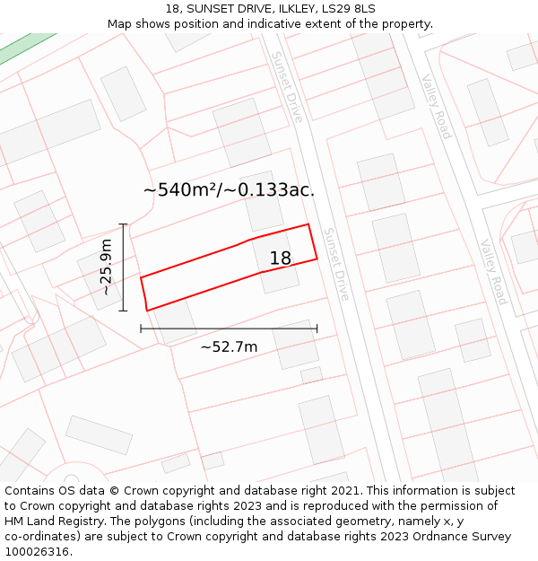 18, SUNSET DRIVE, ILKLEY, LS29 8LS: Plot and title map