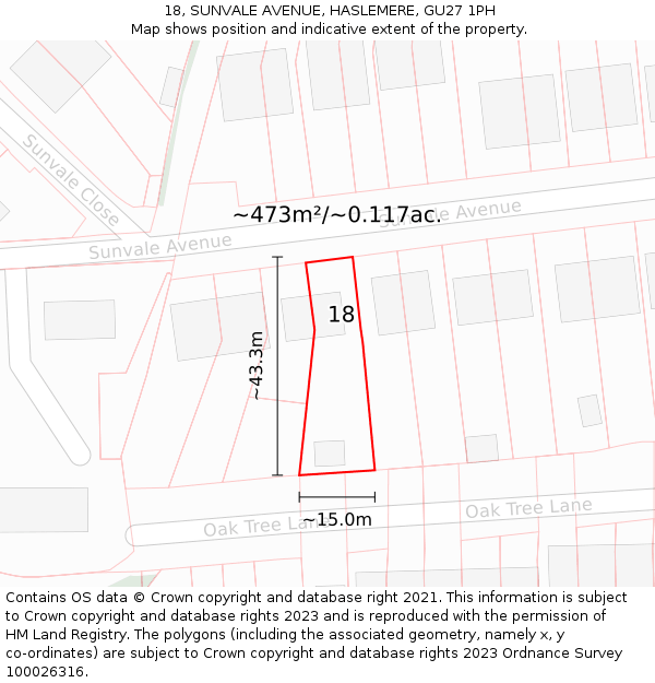 18, SUNVALE AVENUE, HASLEMERE, GU27 1PH: Plot and title map