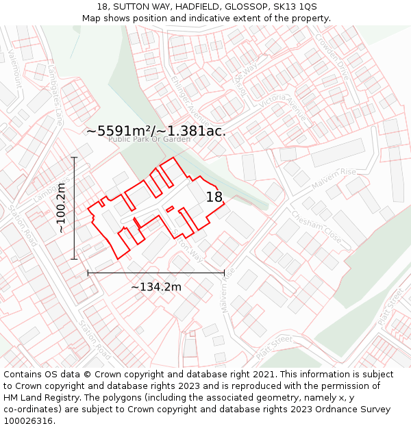 18, SUTTON WAY, HADFIELD, GLOSSOP, SK13 1QS: Plot and title map
