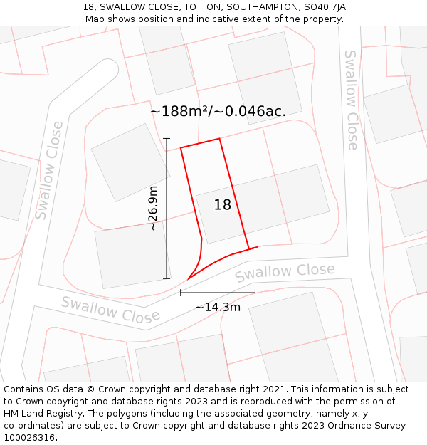 18, SWALLOW CLOSE, TOTTON, SOUTHAMPTON, SO40 7JA: Plot and title map