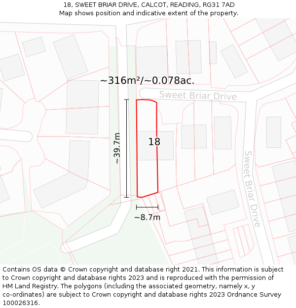 18, SWEET BRIAR DRIVE, CALCOT, READING, RG31 7AD: Plot and title map