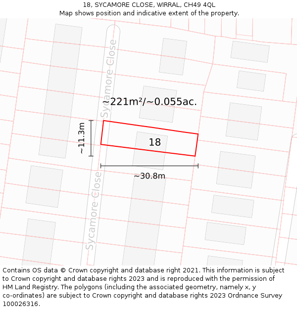 18, SYCAMORE CLOSE, WIRRAL, CH49 4QL: Plot and title map