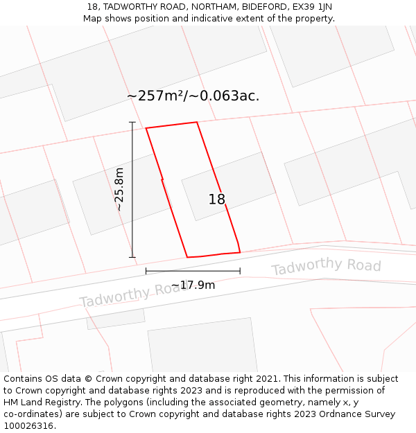18, TADWORTHY ROAD, NORTHAM, BIDEFORD, EX39 1JN: Plot and title map