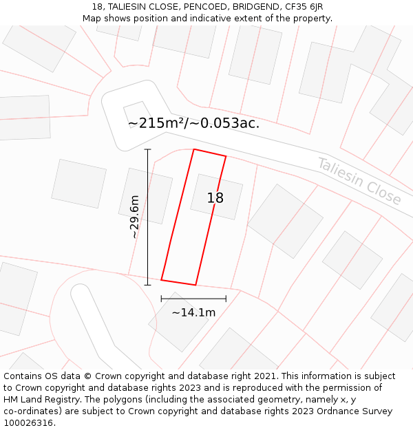 18, TALIESIN CLOSE, PENCOED, BRIDGEND, CF35 6JR: Plot and title map