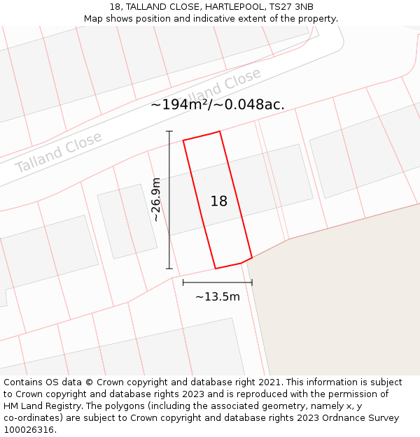 18, TALLAND CLOSE, HARTLEPOOL, TS27 3NB: Plot and title map