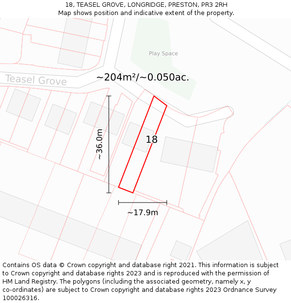 18, TEASEL GROVE, LONGRIDGE, PRESTON, PR3 2RH: Plot and title map
