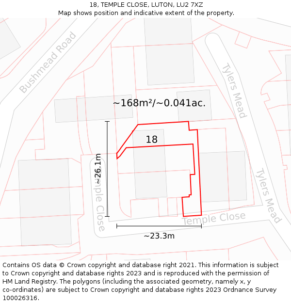18, TEMPLE CLOSE, LUTON, LU2 7XZ: Plot and title map