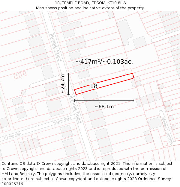 18, TEMPLE ROAD, EPSOM, KT19 8HA: Plot and title map