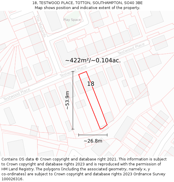 18, TESTWOOD PLACE, TOTTON, SOUTHAMPTON, SO40 3BE: Plot and title map
