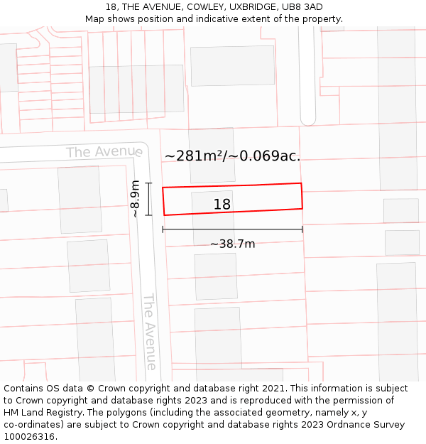 18, THE AVENUE, COWLEY, UXBRIDGE, UB8 3AD: Plot and title map