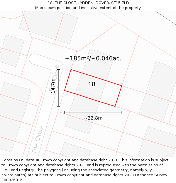 18, THE CLOSE, LYDDEN, DOVER, CT15 7LD: Plot and title map