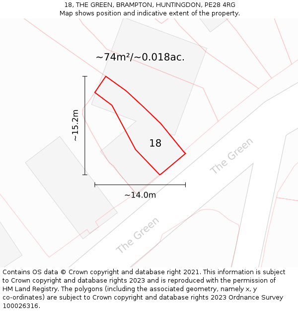18, THE GREEN, BRAMPTON, HUNTINGDON, PE28 4RG: Plot and title map