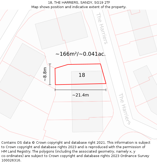 18, THE HARRIERS, SANDY, SG19 2TF: Plot and title map