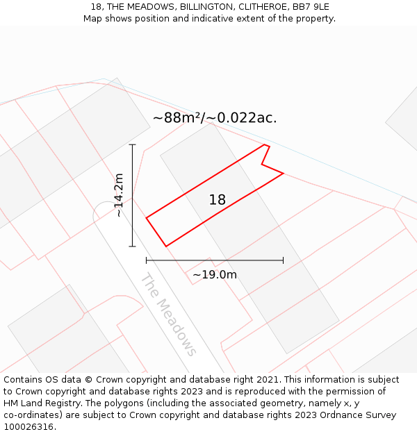 18, THE MEADOWS, BILLINGTON, CLITHEROE, BB7 9LE: Plot and title map