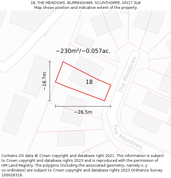 18, THE MEADOWS, BURRINGHAM, SCUNTHORPE, DN17 3LW: Plot and title map