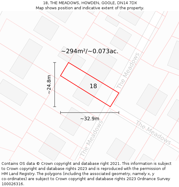 18, THE MEADOWS, HOWDEN, GOOLE, DN14 7DX: Plot and title map