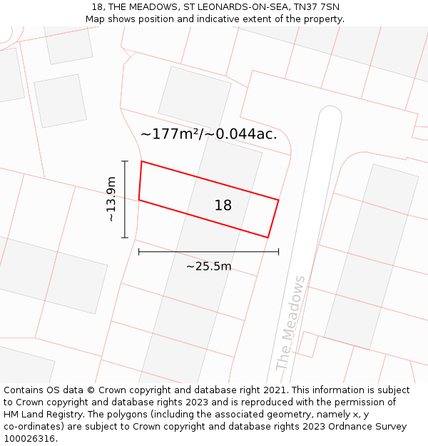 18, THE MEADOWS, ST LEONARDS-ON-SEA, TN37 7SN: Plot and title map